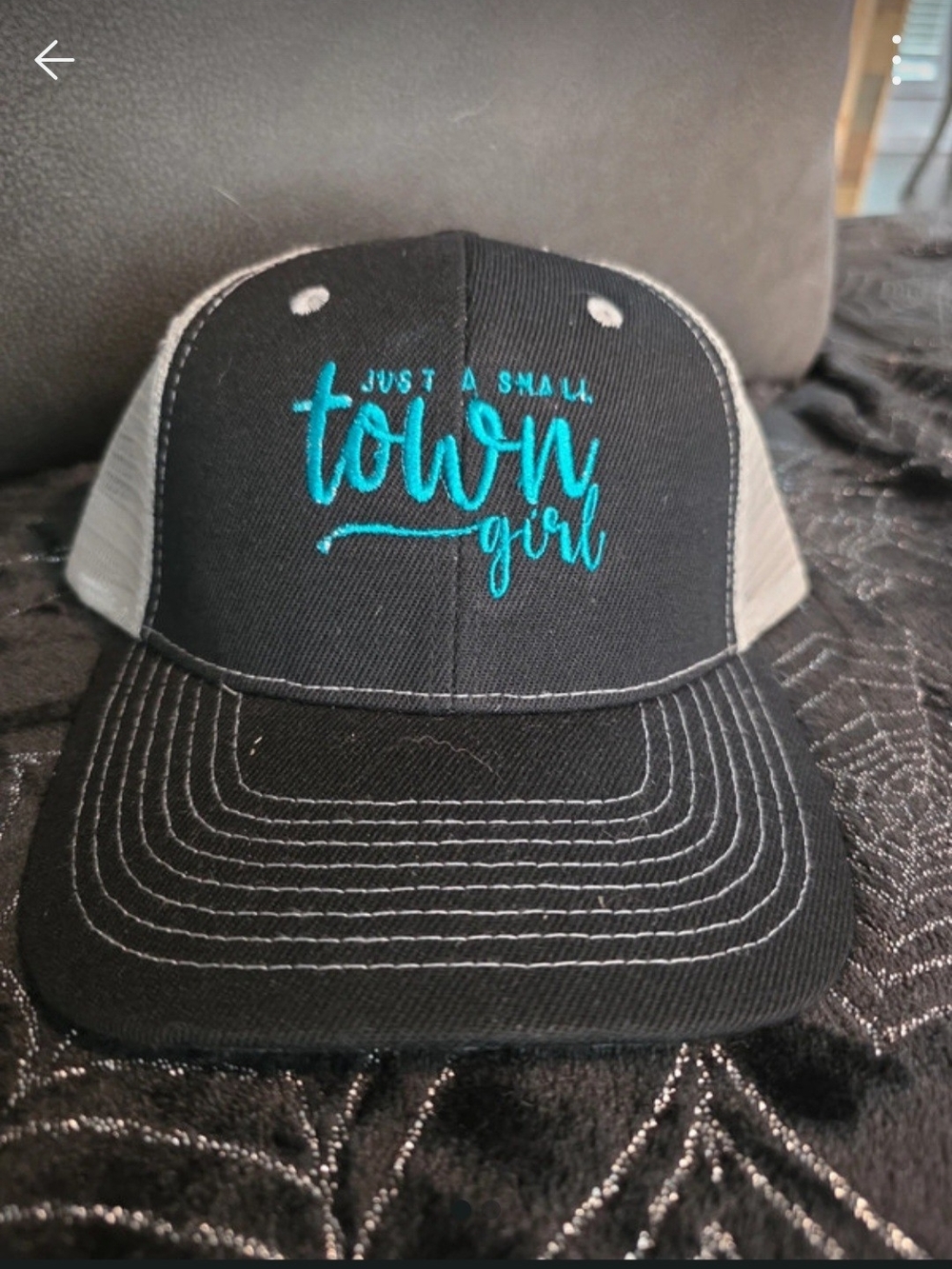 Just a Small Town Girl Black Trucker Hat with Teal Embroidery